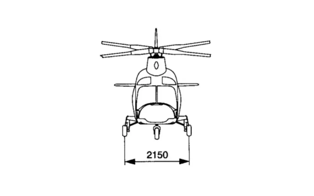 A side-view sketch of the Agusta A109 helicopter, accompanied by dimension markings.